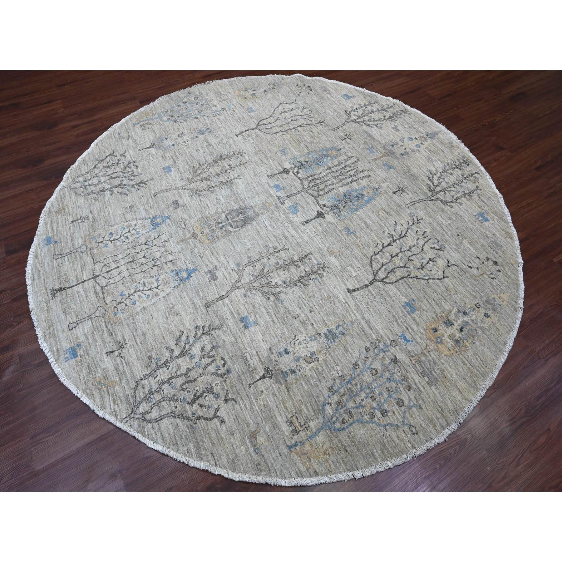 Oushak Tapis rond en laine nouée à la main 8'x8' gris huître Willow and Cypress Tree Design en vente
