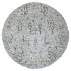 Tapis rond en laine nouée à la main 8'x8' gris huître Willow and Cypress Tree Design