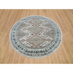 8'x8' Pearl White Hand Knotted Unique Flower Rosettes Border Round Rug