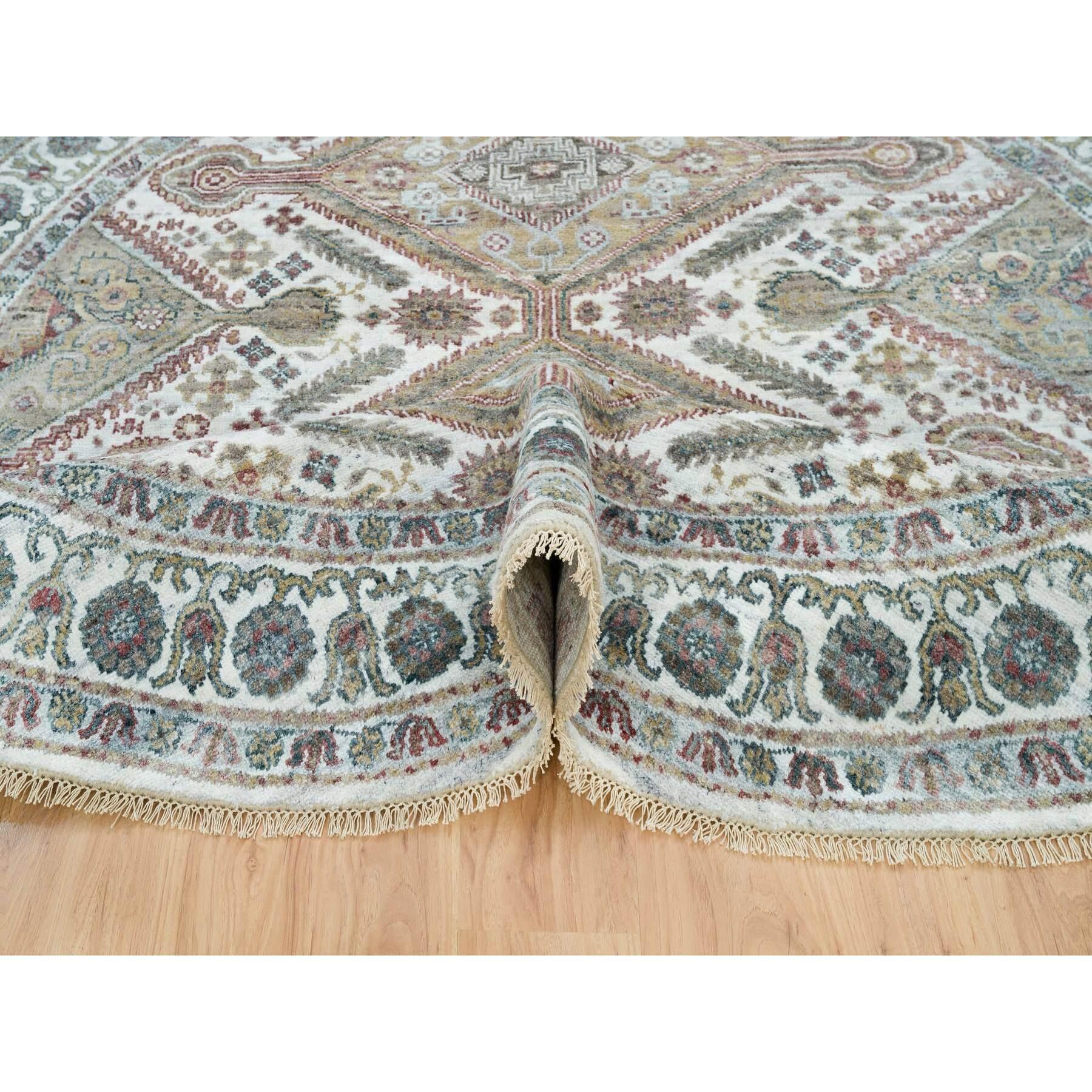 Hand-Knotted 8'x8' Pearl White Hand Knotted Unique Flower Rosettes Border Round Rug For Sale