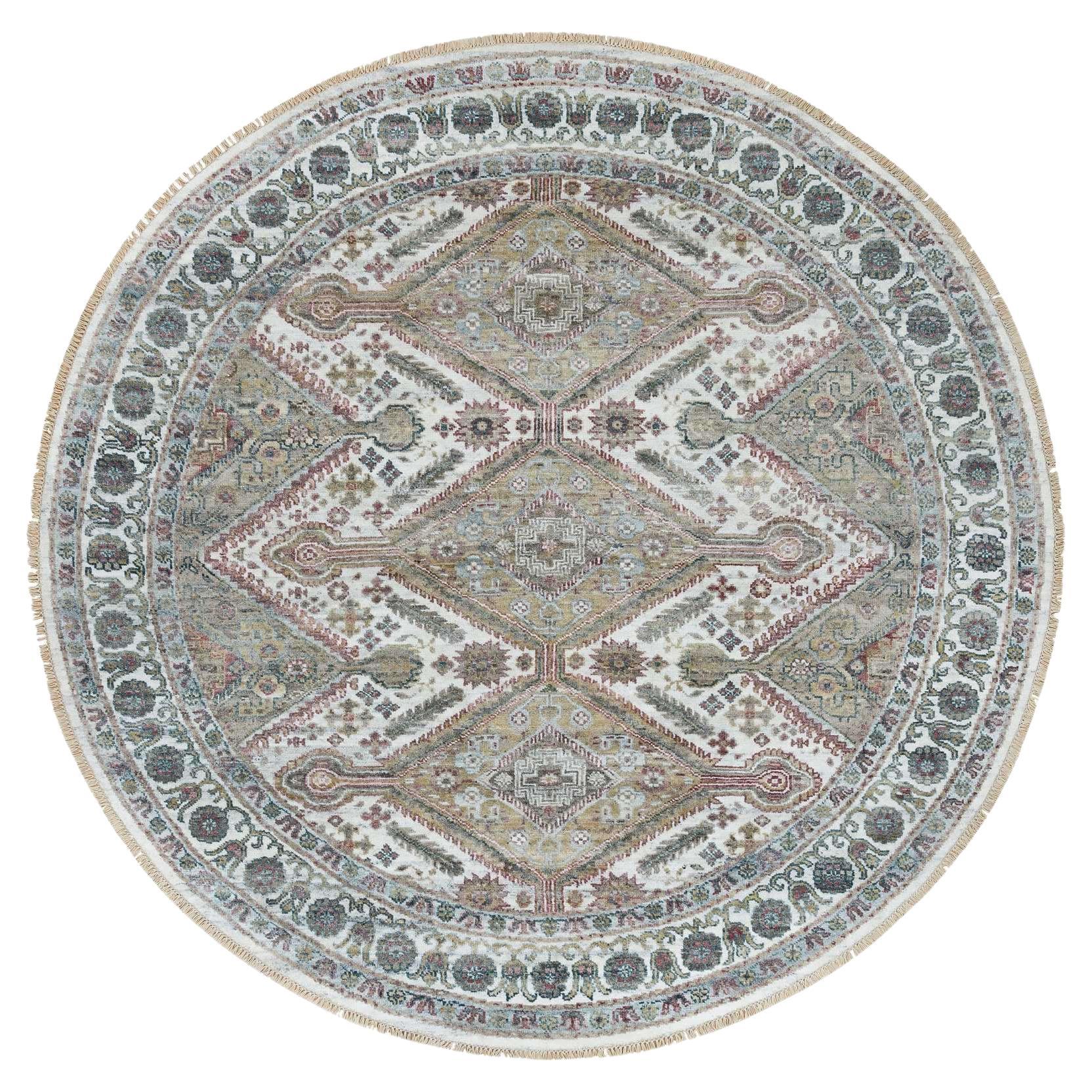8'x8' Pearl White Hand Knotted Unique Flower Rosettes Border Round Rug For Sale