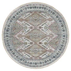 8'x8' Pearl White Hand Knotted Unique Flower Rosettes Border Round Rug