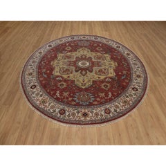 8'x8' Red Antiqued Fine Heriz Re-Creation Soft Wool Hand Knotted Round Rug