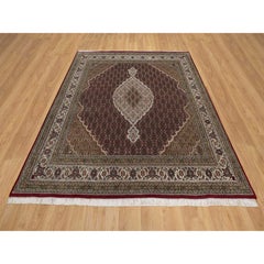 8'x8' Red Hand Knotted Tabriz Mahi Fish Medallion Design All Wool Square Rug