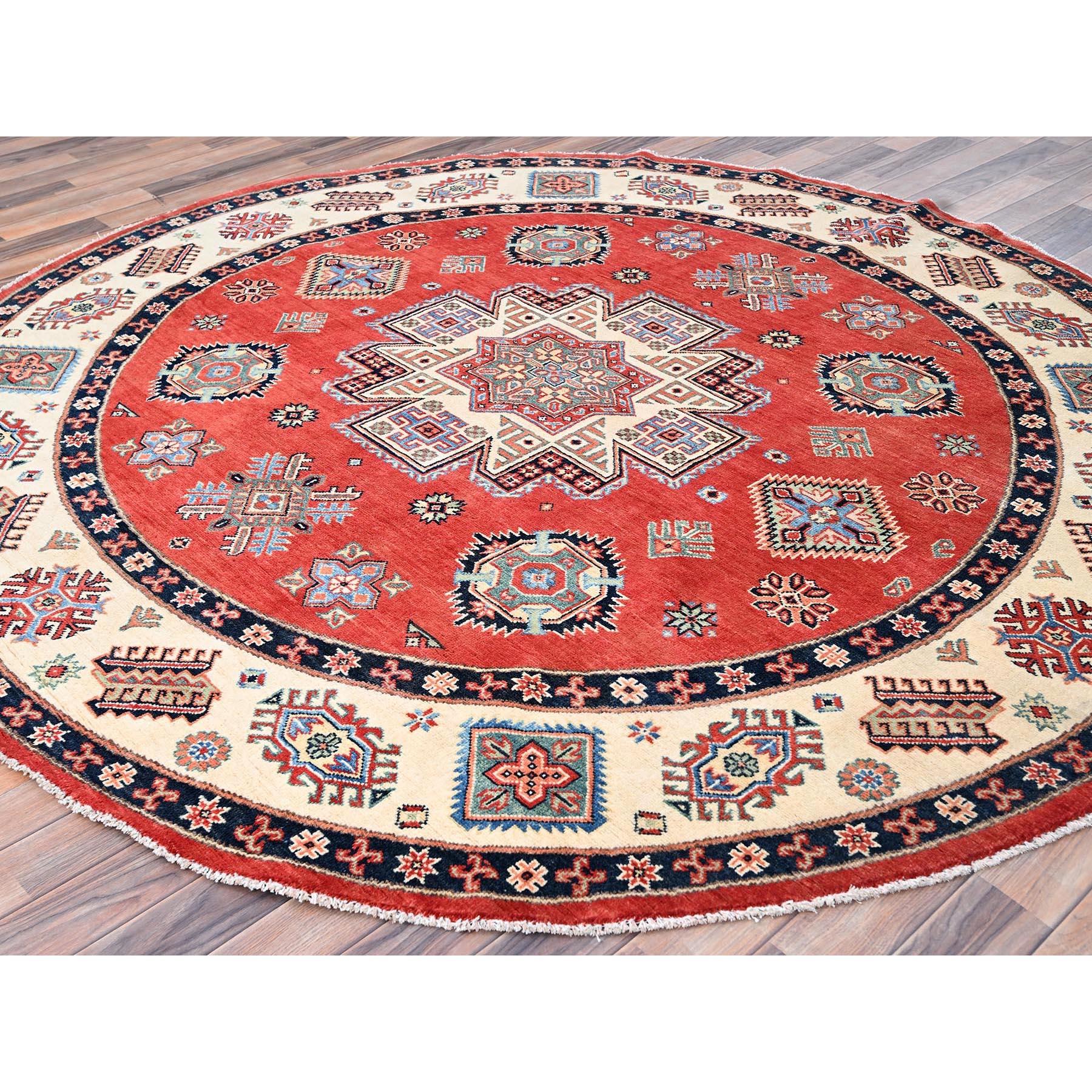 Afghan 8'x8' Red Special Kazak Pure Wool Hand Knotted Round Oriental Rug For Sale