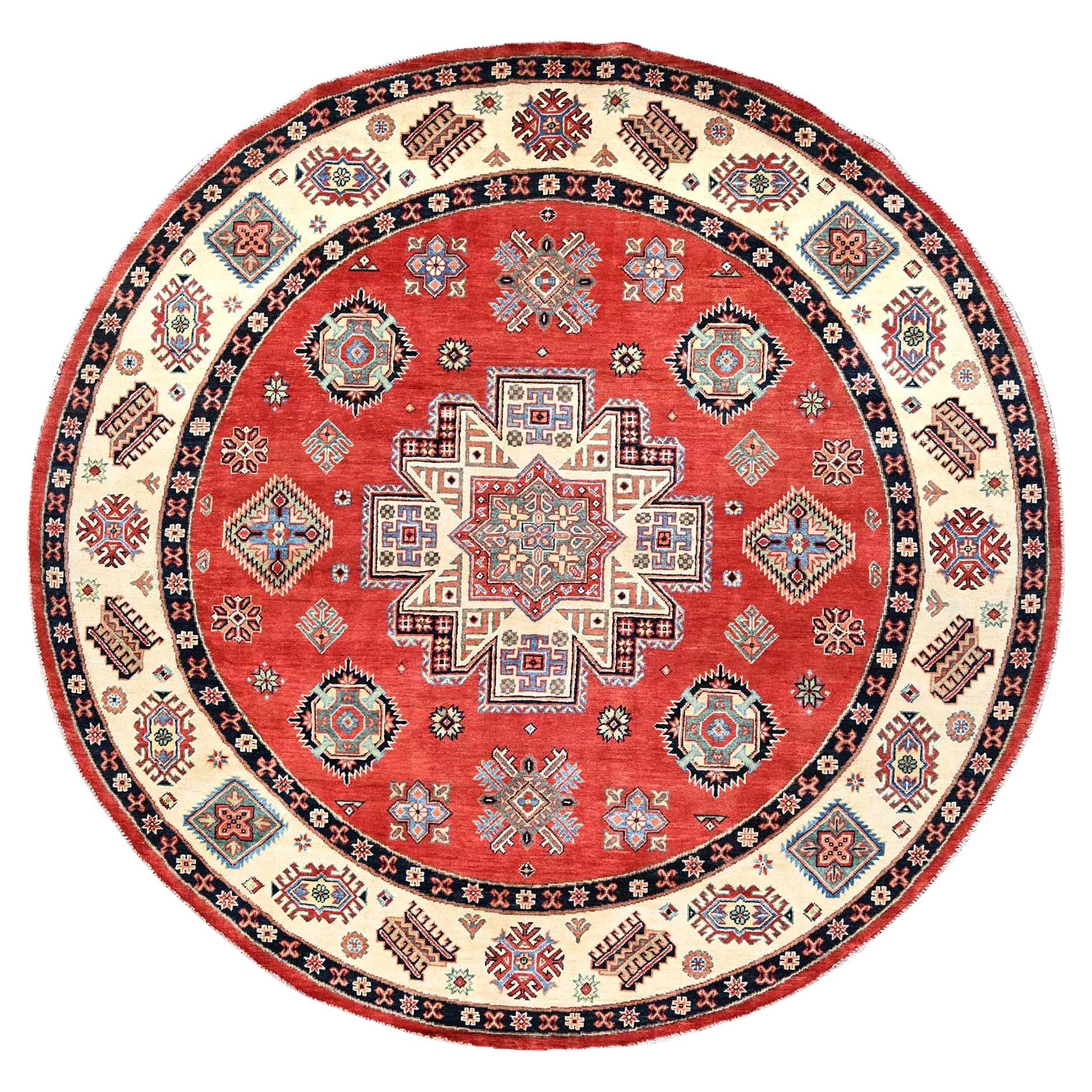 8'x8' Red Special Kazak Pure Wool Hand Knotted Round Oriental Rug For Sale