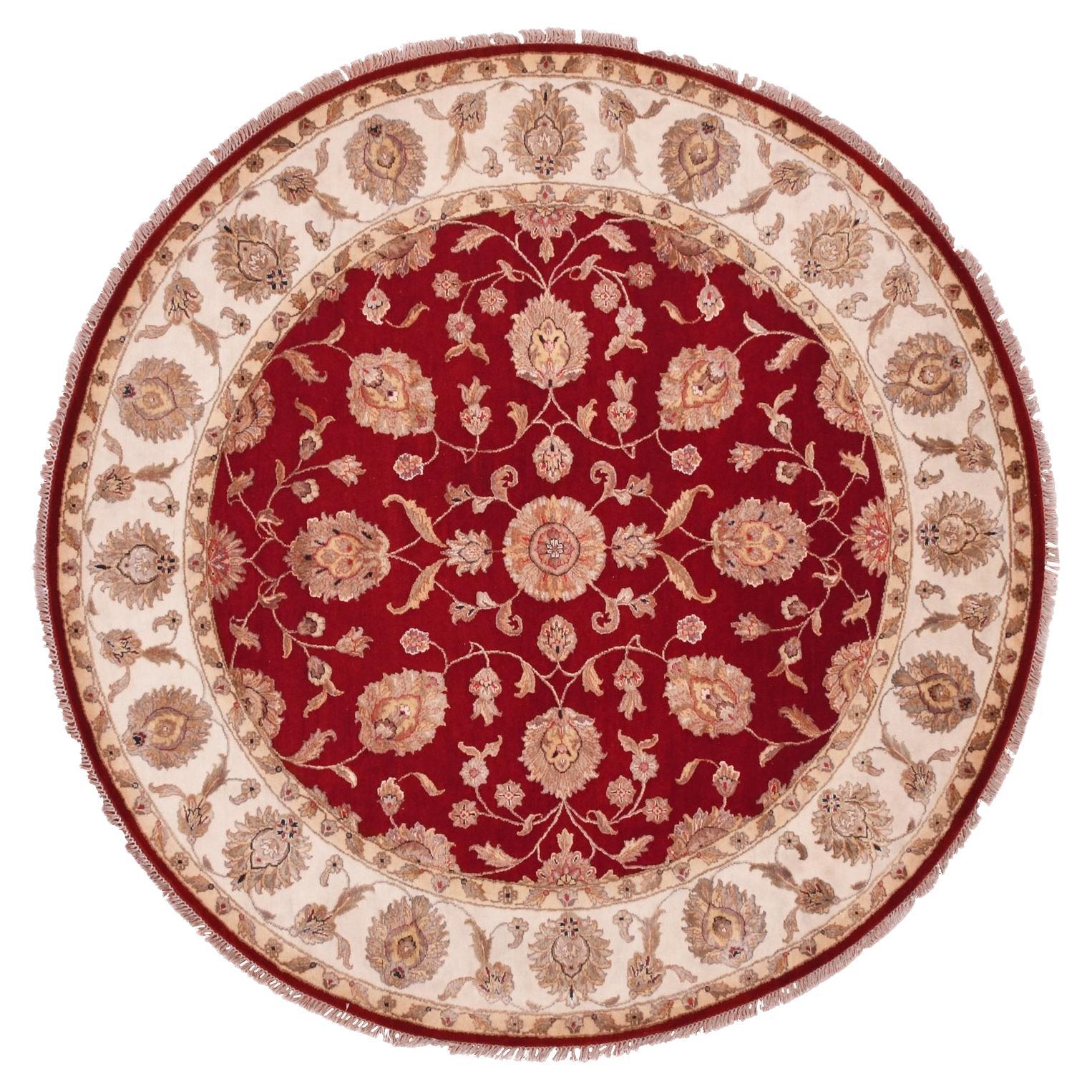 8'x8' Red Wool and Silk Hand Knotted Rajasthan Design Leaf Pattern Round Rug