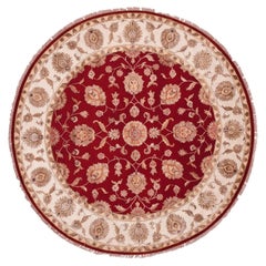 8'x8' Red Wool and Silk Hand Knotted Rajasthan Design Leaf Pattern Round Rug