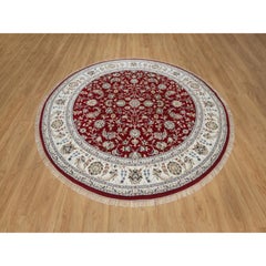 8'x8' Rhubarb Red Nain with Flower Design Hand Knotted Wool & Silk Round Rug