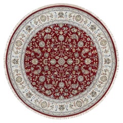8'x8' Rhubarb Red Nain with Flower Design Hand Knotted Wool & Silk Round Rug