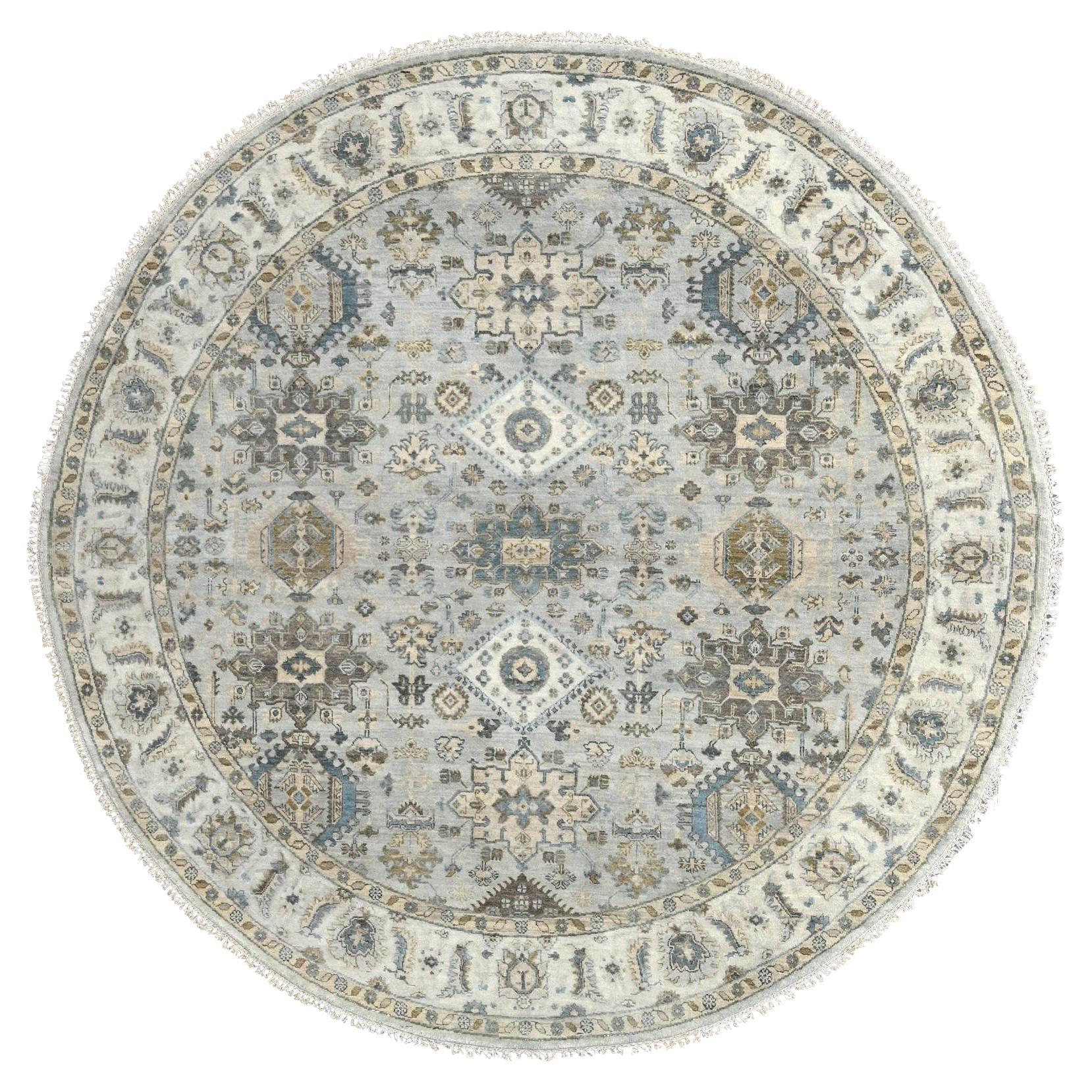 8'x8' Sea Gray Hand Knotted Karjihooz Design Soft Wool Round Oriental Rug