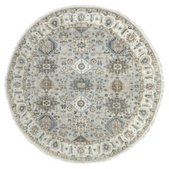 8'x8' Sea Gray Hand Knotted Karjihooz Design Soft Wool Round Oriental Rug