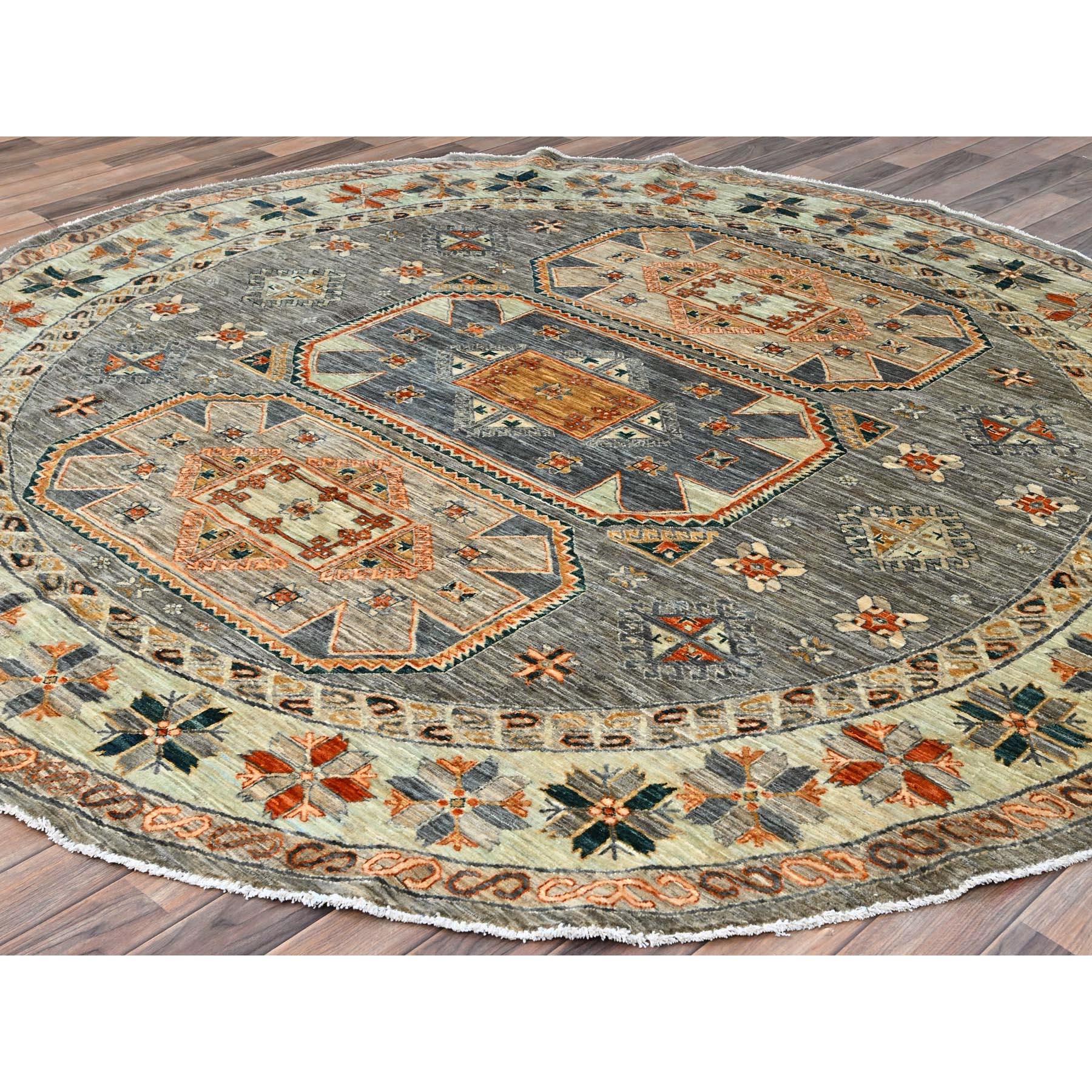 Medieval 8'x8' Seared Gray Extra Soft Wool Caucasian Design Round Oriental Rug For Sale