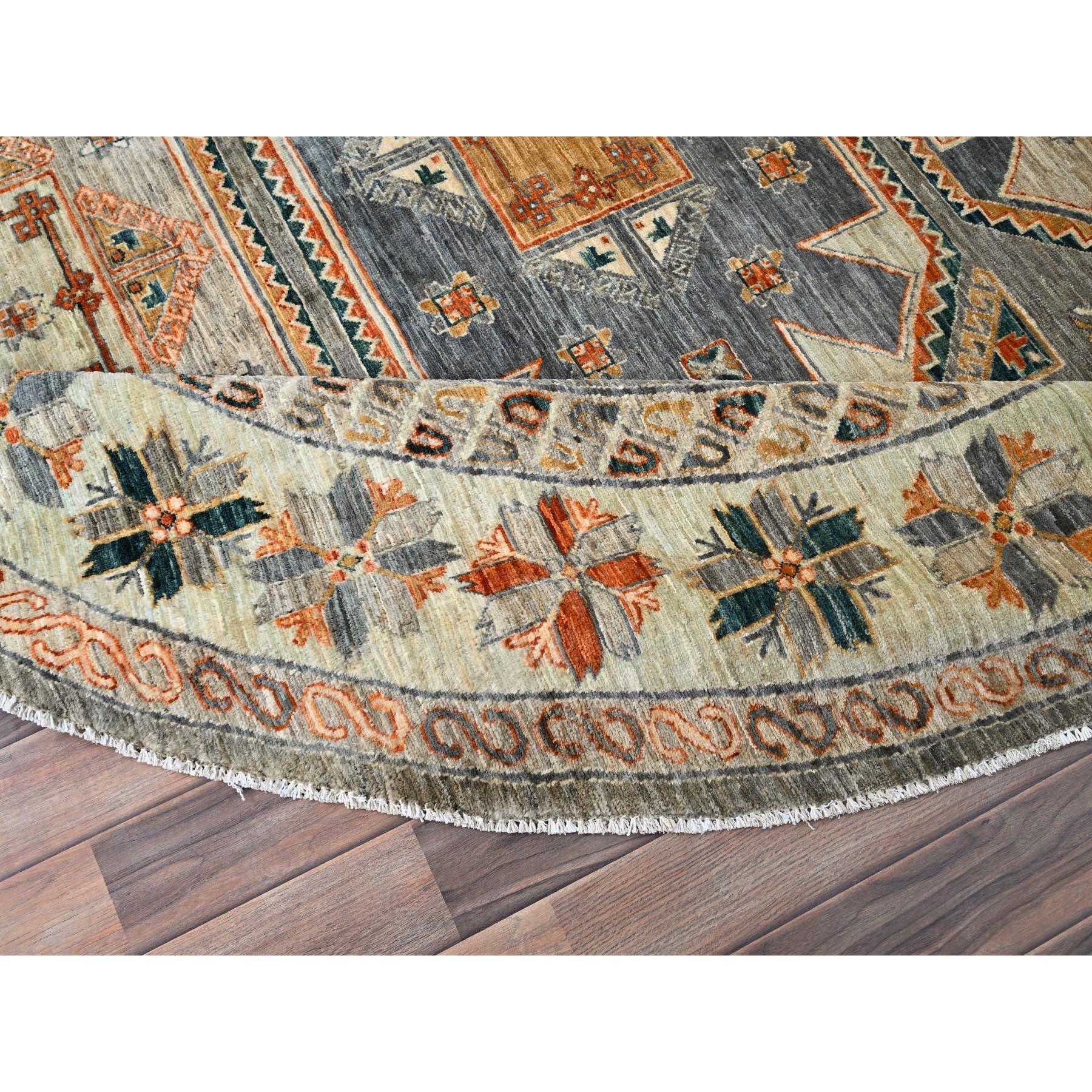 Afghan 8'x8' Seared Gray Extra Soft Wool Caucasian Design Round Oriental Rug For Sale