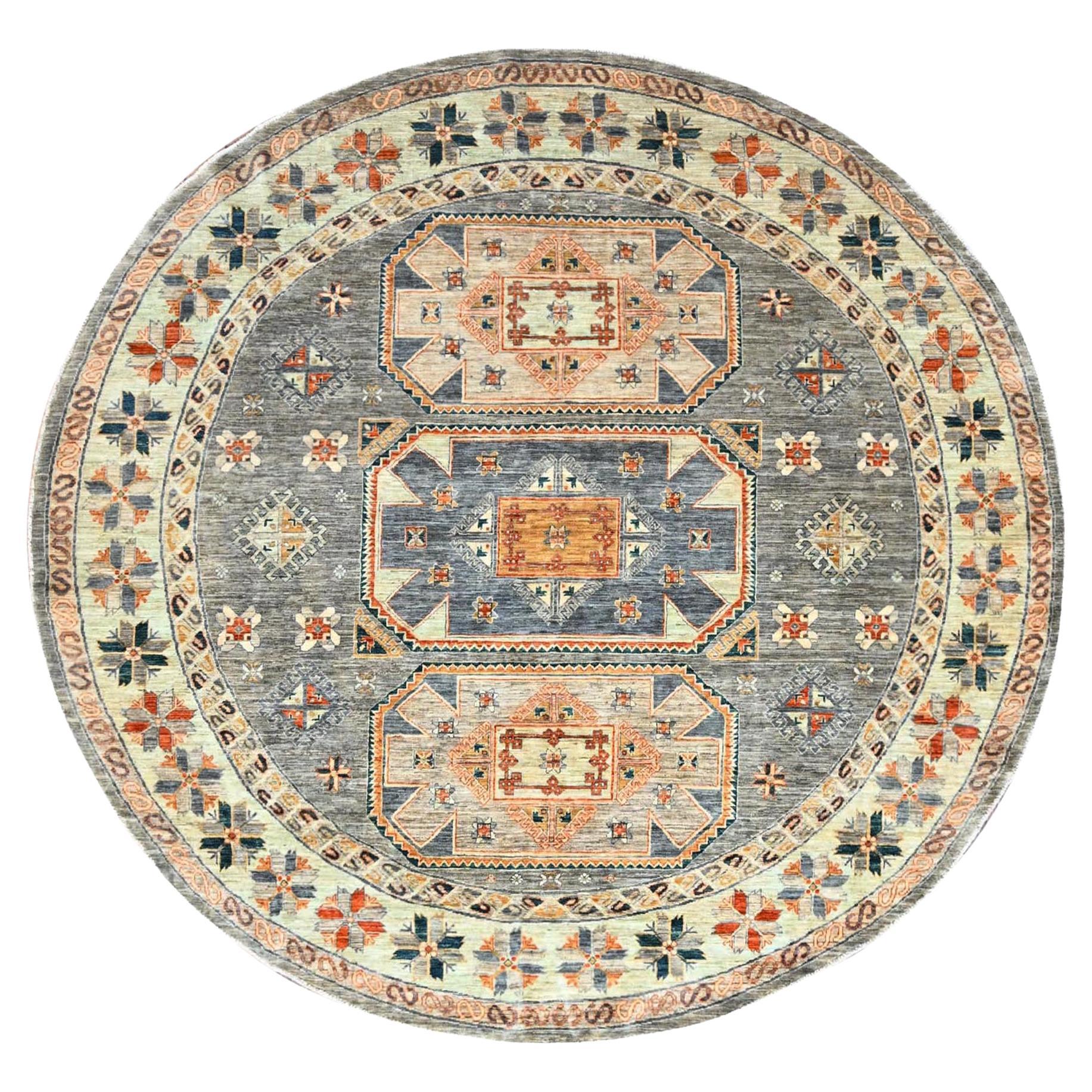 8'x8' Seared Gray Extra Soft Wool Caucasian Design Round Oriental Rug