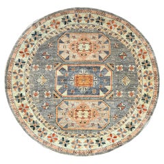 8'x8' Seared Gray Extra weicher runder orientalischer Teppich aus Wolle mit kaukasischem Design