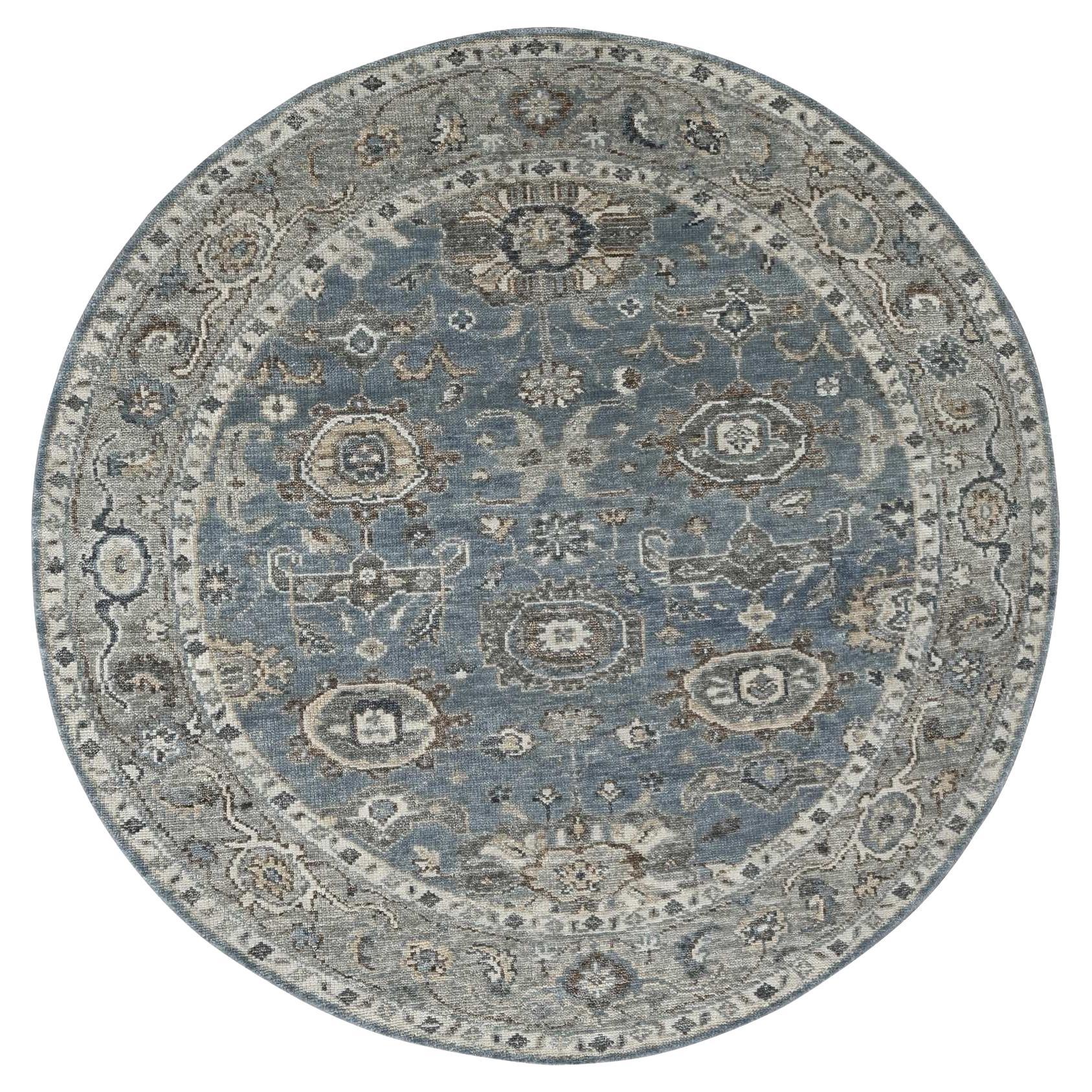 8'x8' Silberblauer, handgeknüpfter, runder Teppich aus natürlicher Wolle im Oushak-Design im Angebot