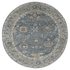 8'x8' Silver Blue, Natural Wool Hand Knotted Oushak Design Round Rug (Tapis rond bleu argenté, laine naturelle nouée à la main)