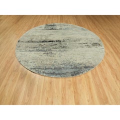 8'x8' Silver Blue Wool & Silk Modern Abstract Design Hand Knotted Round Rug