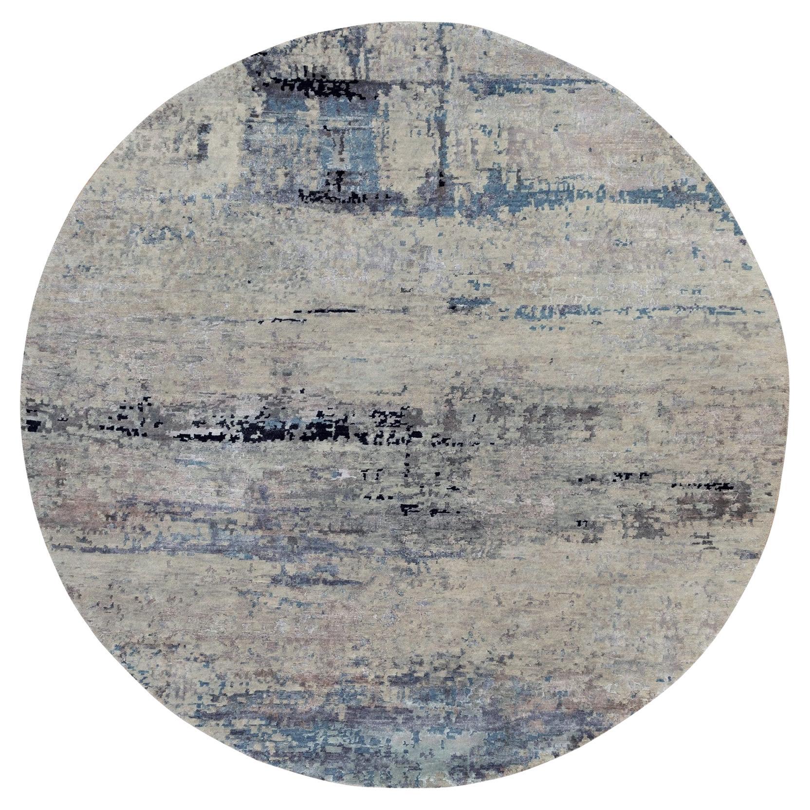 8'x8' Silver Blue Wool & Silk Modern Abstract Design Hand Knotted Rug