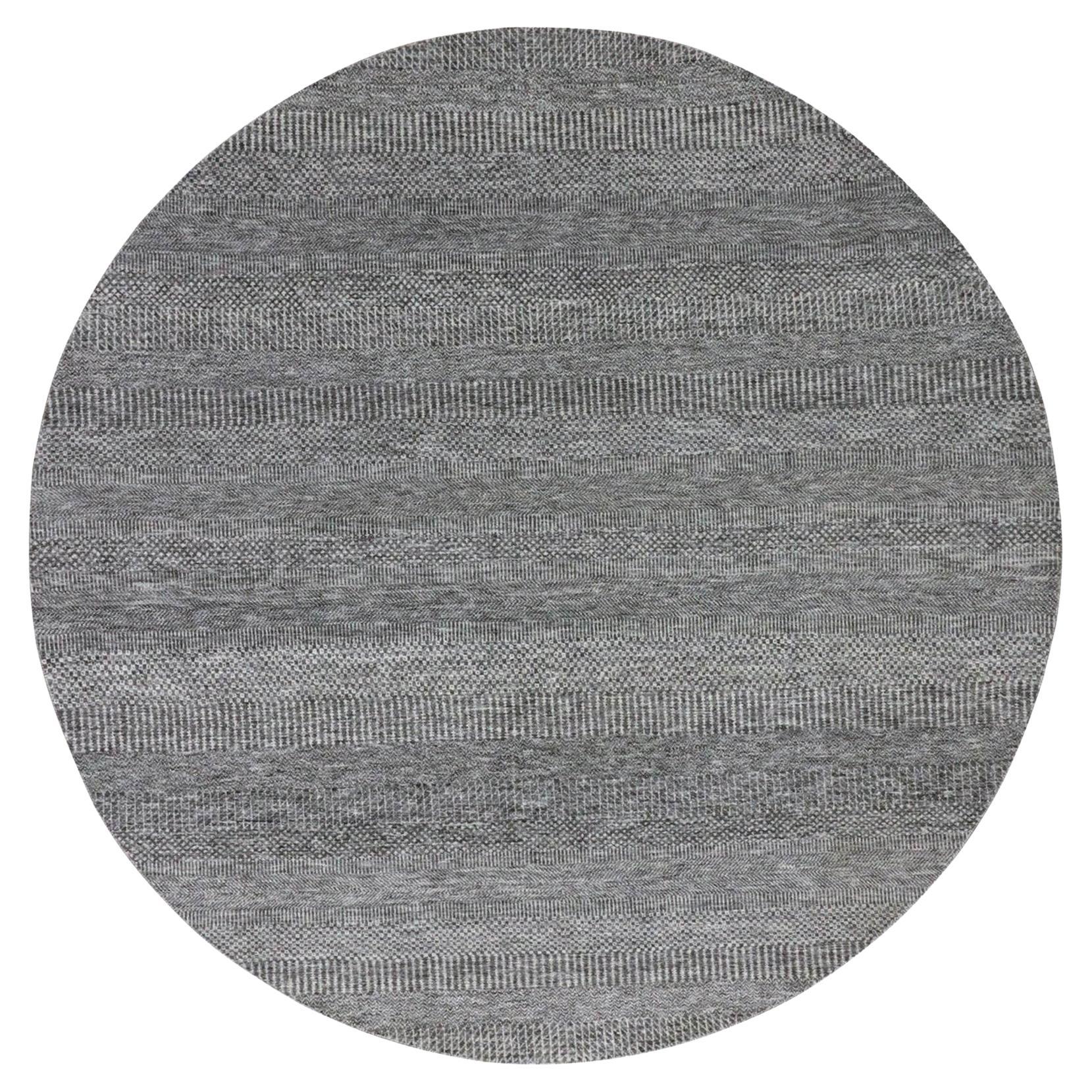 8'x8' Gris Sólido Anudada a Mano Sin Teñir 100% Lana Diseño Moderno de Hierba Alfombra Redonda