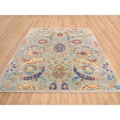 8'x8' Tan, Hand Knotted, Silk With Textured Wool, Oriental, Square Rug