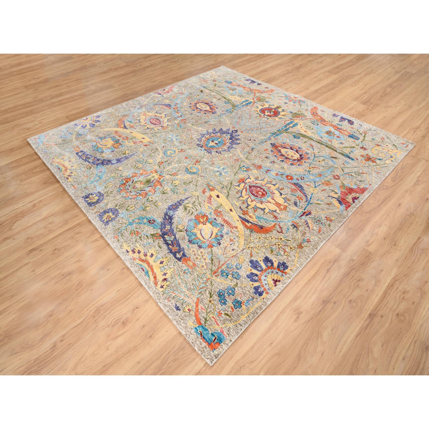8'x8' Tan, Handgeknüpft, Seide mit texturierter Wolle, Orientalisch, Quadratischer Teppich (Indisch) im Angebot