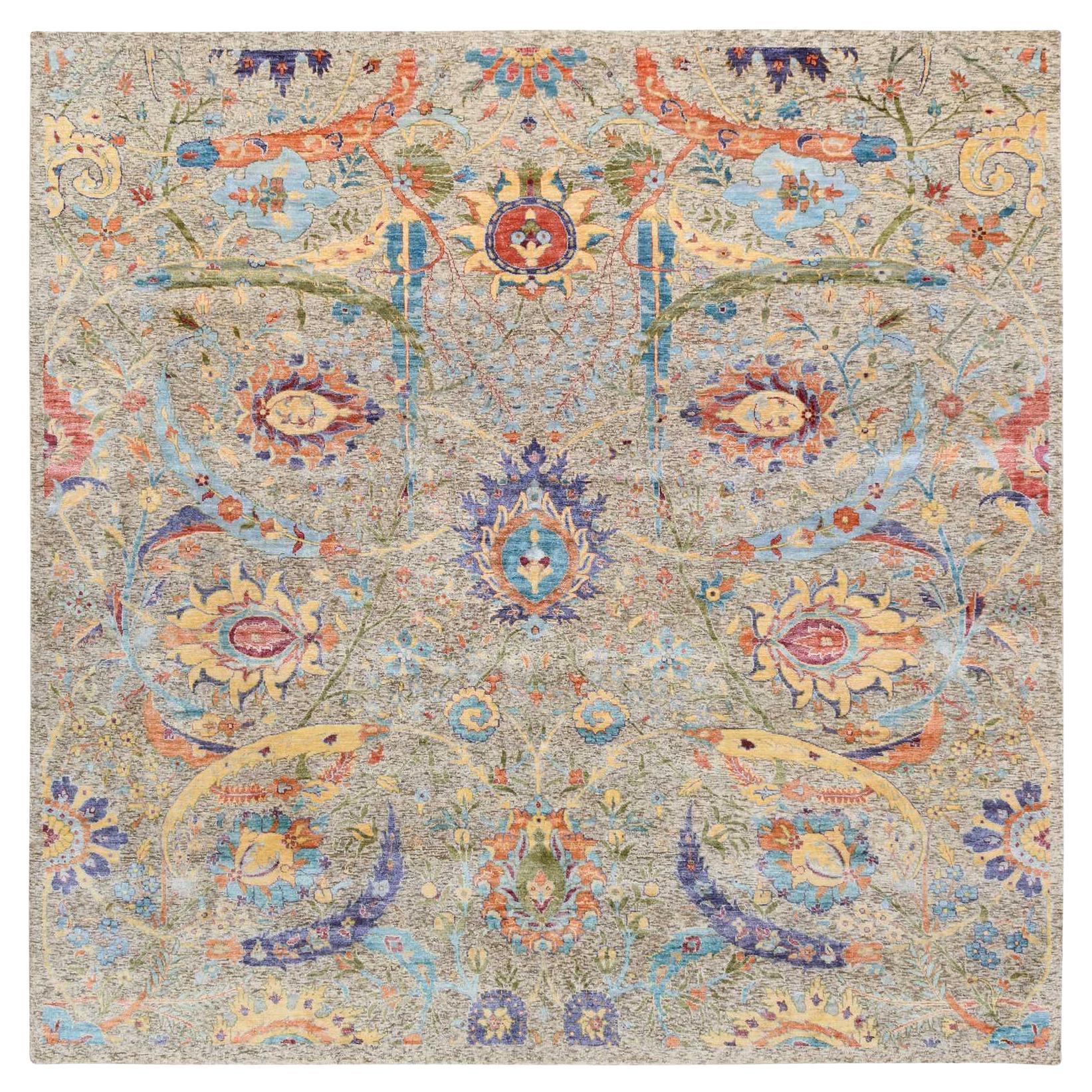 8'x8' Tan, Handgeknüpft, Seide mit texturierter Wolle, Orientalisch, Quadratischer Teppich