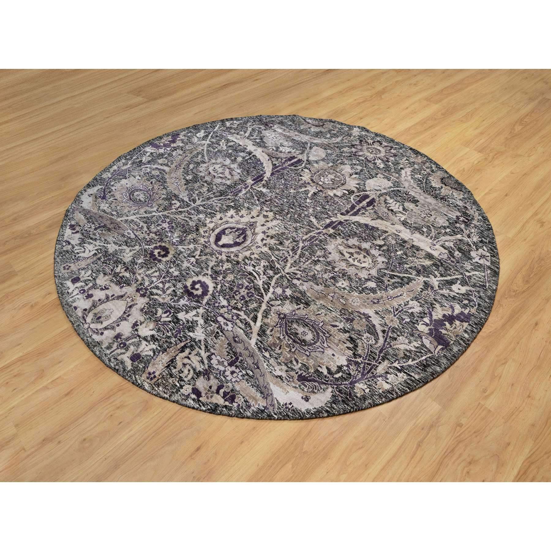 Médiéval 8'x8' Tarmac Brown Tapis oriental rond à feuilles de faucille en laine et soie nouées à la main en vente