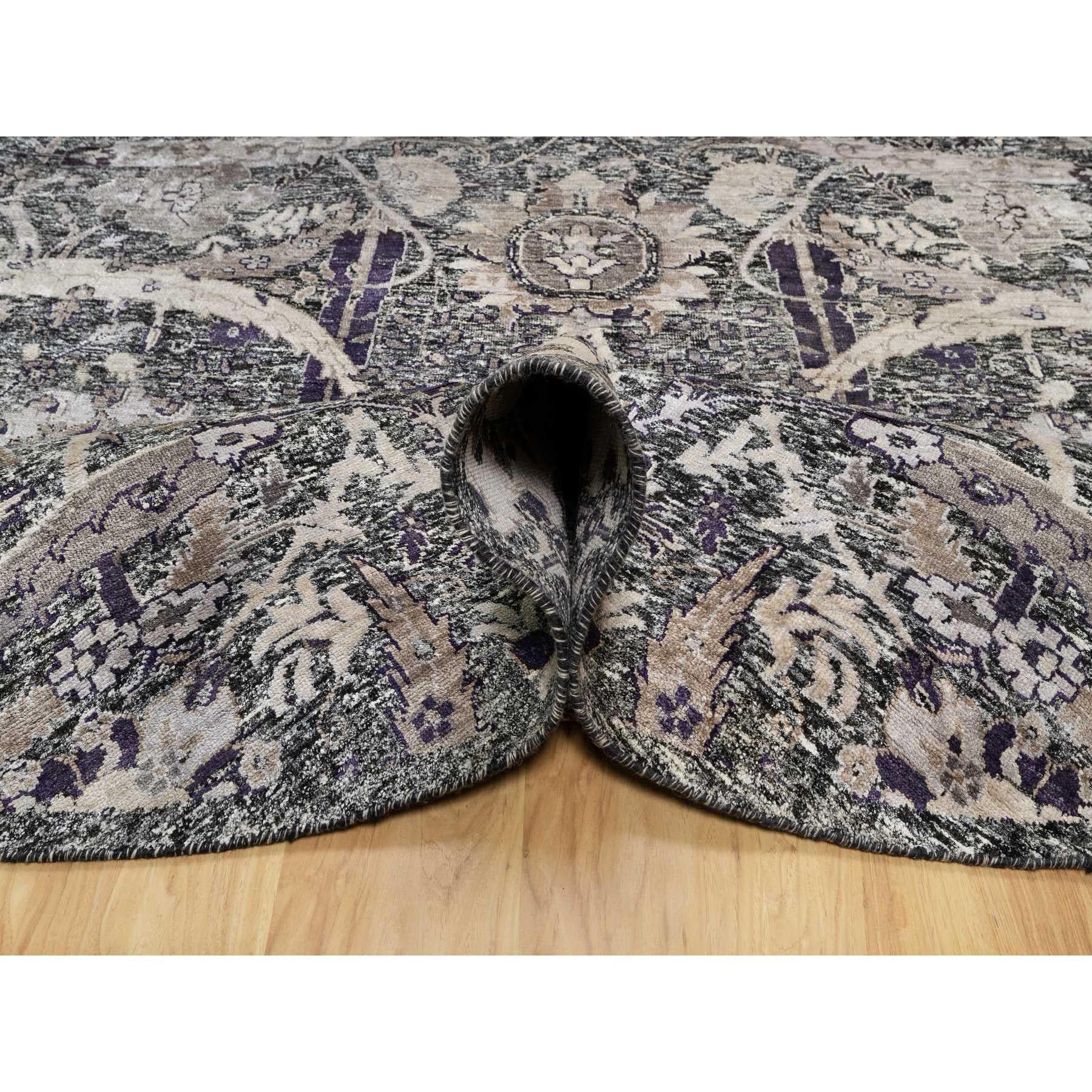 Noué à la main 8'x8' Tarmac Brown Tapis oriental rond à feuilles de faucille en laine et soie nouées à la main en vente