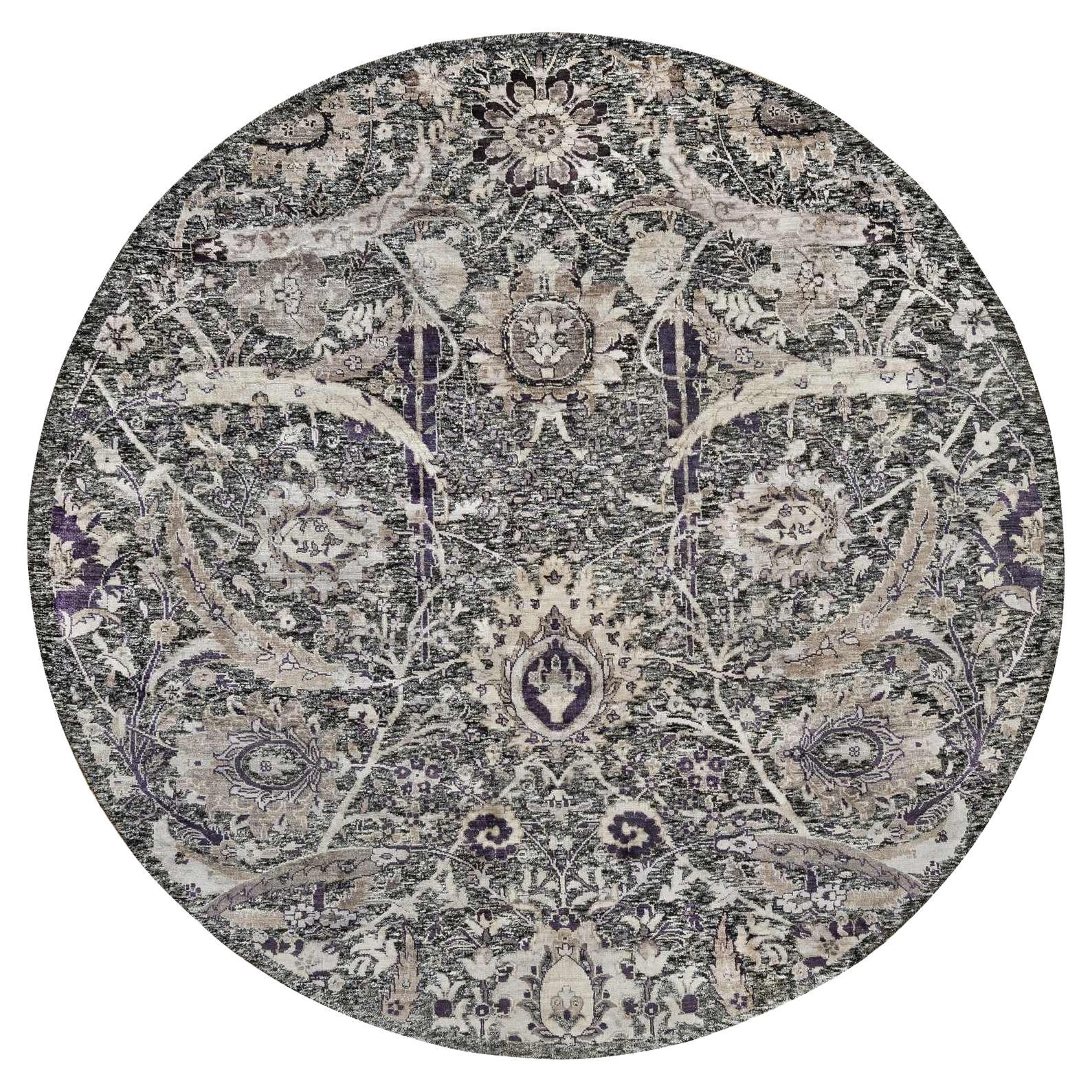 8
x8
 Tarmac Brown Tappeto orientale rotondo in lana e seta annodato a mano con foglie di falce