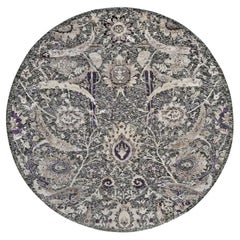 8'x8' Tarmac Brown Hand Knotted Wool and Silk Sickle Leaf Round Oriental Rug