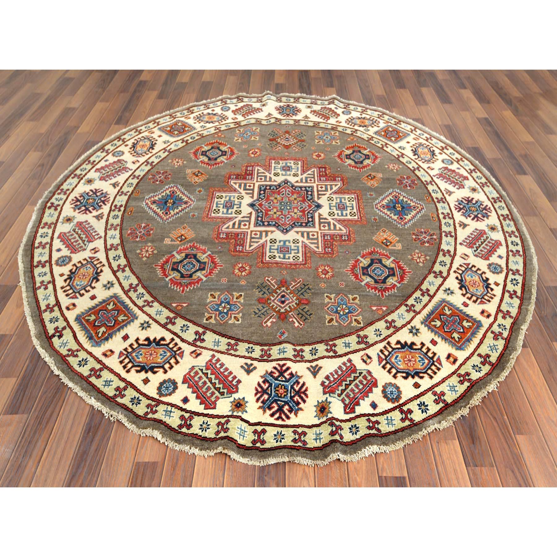 Hand-Knotted 8'x8' Taupe, Caucasian Design, Afghan Special Kazak, Round, Pure Wool Rug For Sale