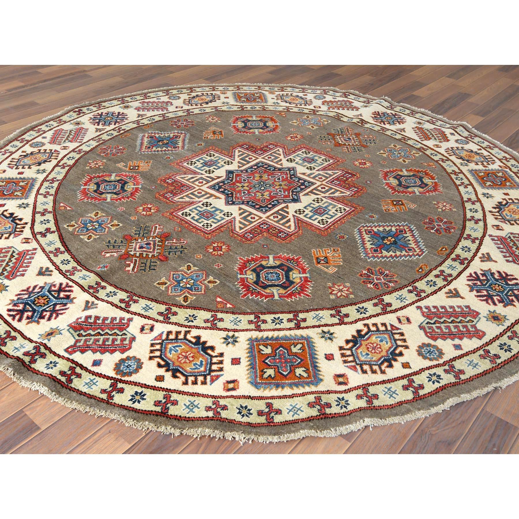 8'x8' Taupe, Caucasian Design, Afghan Special Kazak, Round, Pure Wool Rug In New Condition For Sale In Carlstadt, NJ