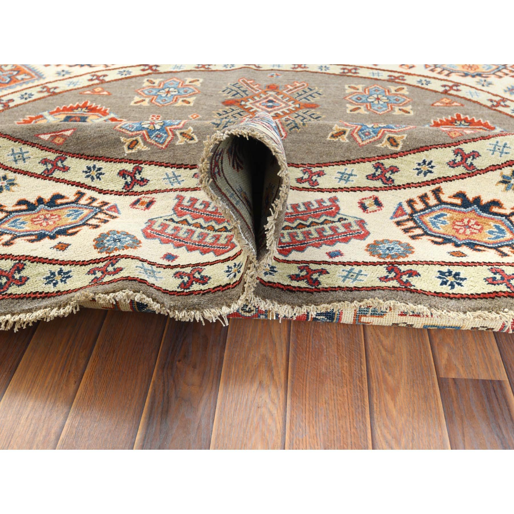 Contemporary 8'x8' Taupe, Caucasian Design, Afghan Special Kazak, Round, Pure Wool Rug For Sale