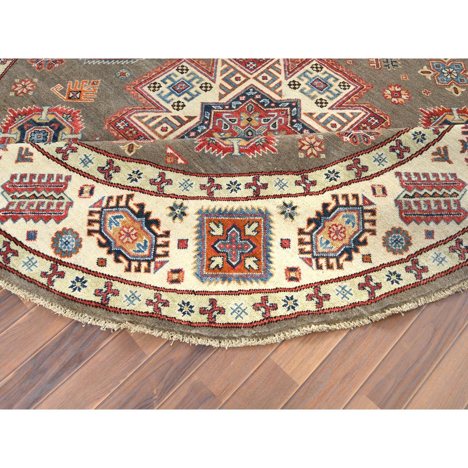 8'x8' Taupe, Caucasian Design, Afghan Special Kazak, Round, Pure Wool Rug For Sale 1