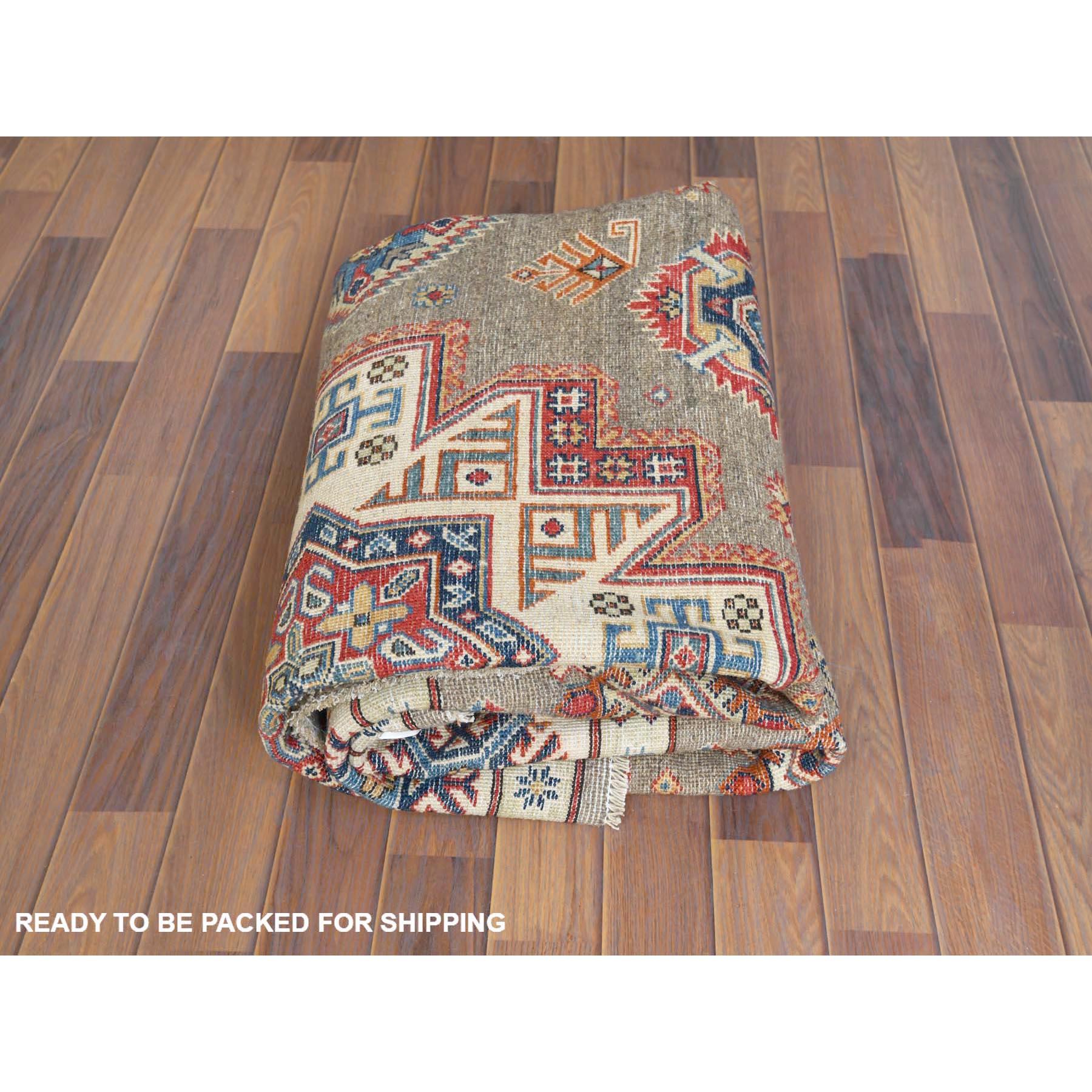 8'x8' Taupe, Caucasian Design, Afghan Special Kazak, Round, Pure Wool Rug For Sale 4