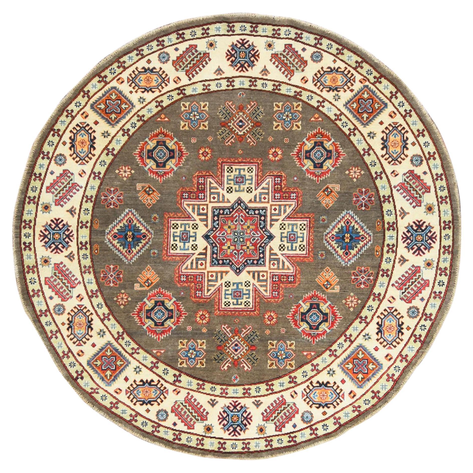 8'x8' Taupe, Caucasian Design, Afghan Special Kazak, Round, Pure Wool Rug