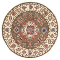 8'x8' Topo, Diseño Caucásico, Afgano Especial Kazak, Redonda, Alfombra de Pura Lana