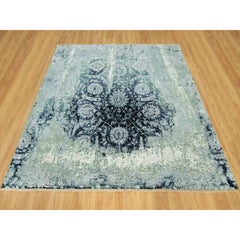8'x8' Tiffeny Blue, Hand Knotted Broken and Erased, Persian Tabriz Design Rug
