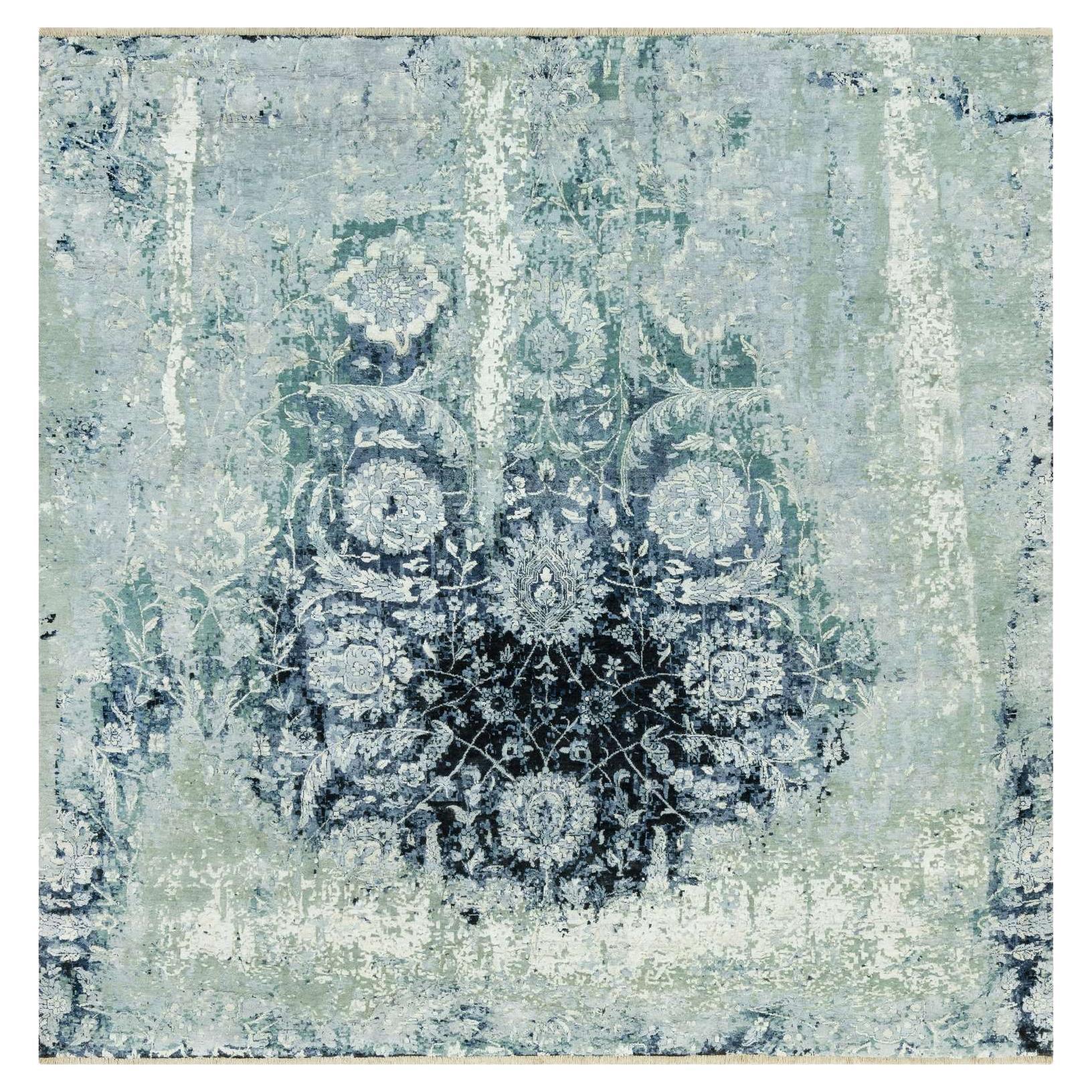 8'x8' Tiffeny Blue, Tappeto di design persiano Tabriz, annodato a mano, rotto e cancellato