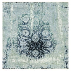 8'x8' Bleu Tiffeny, tapis noué à la main Broken and Erased, Persian Tabriz Design Rug