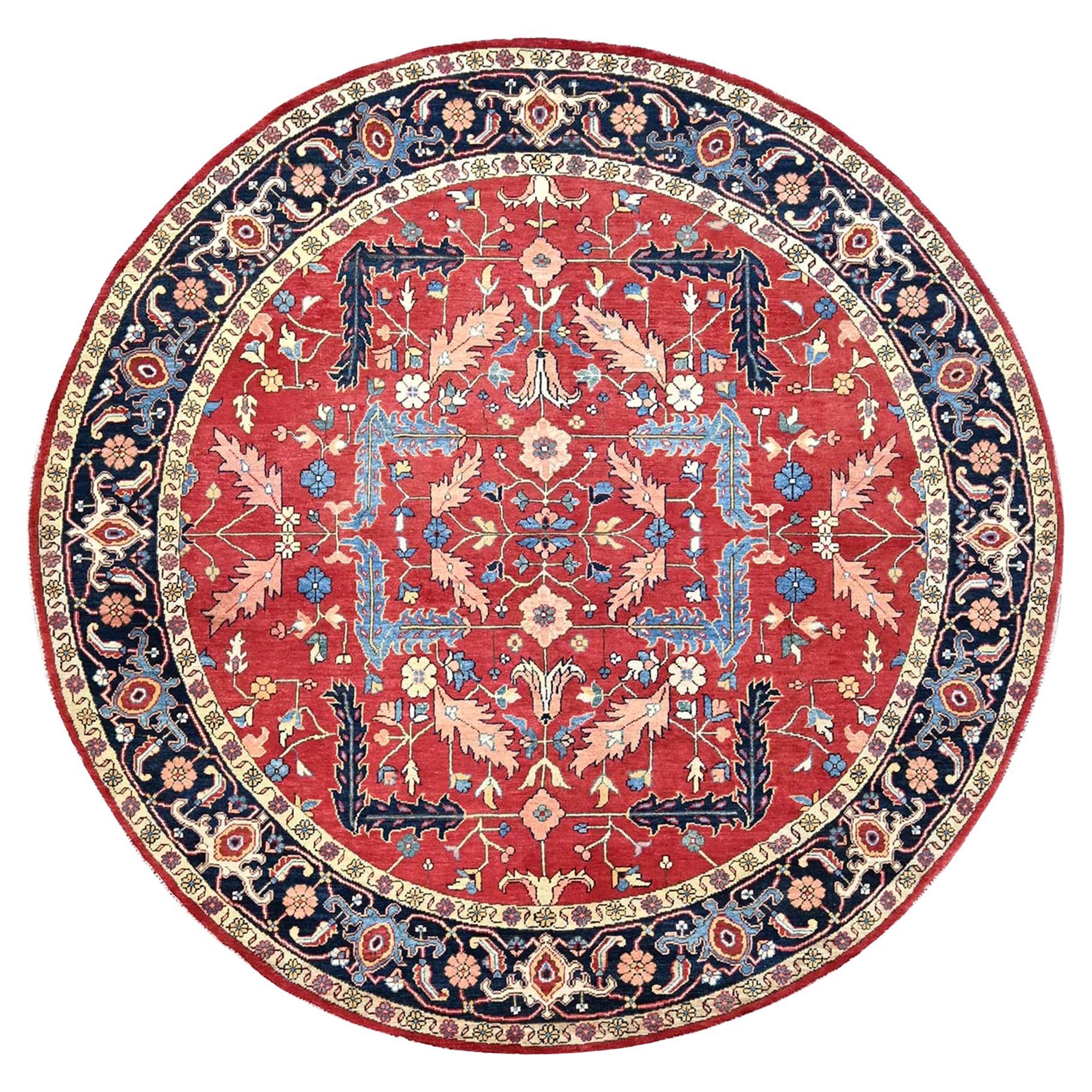8'x8' Valiant Mohnblumenroter handgeknüpfter, runder orientalischer Teppich aus Wolle mit Densergewebe