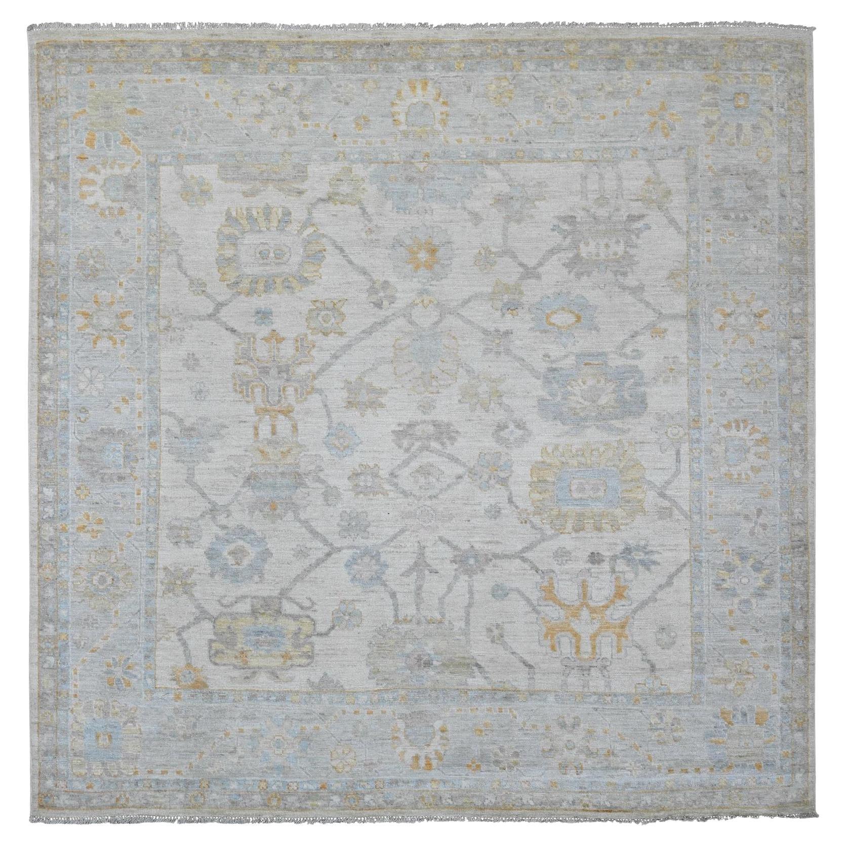8'x8' White Hand Knotted Afghan Angora Oushak Leaf Design Wool Square Rug
