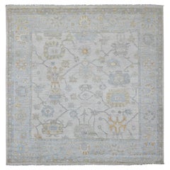 8'x8' White Hand Knotted Afghan Angora Oushak Leaf Design Wool Square Rug