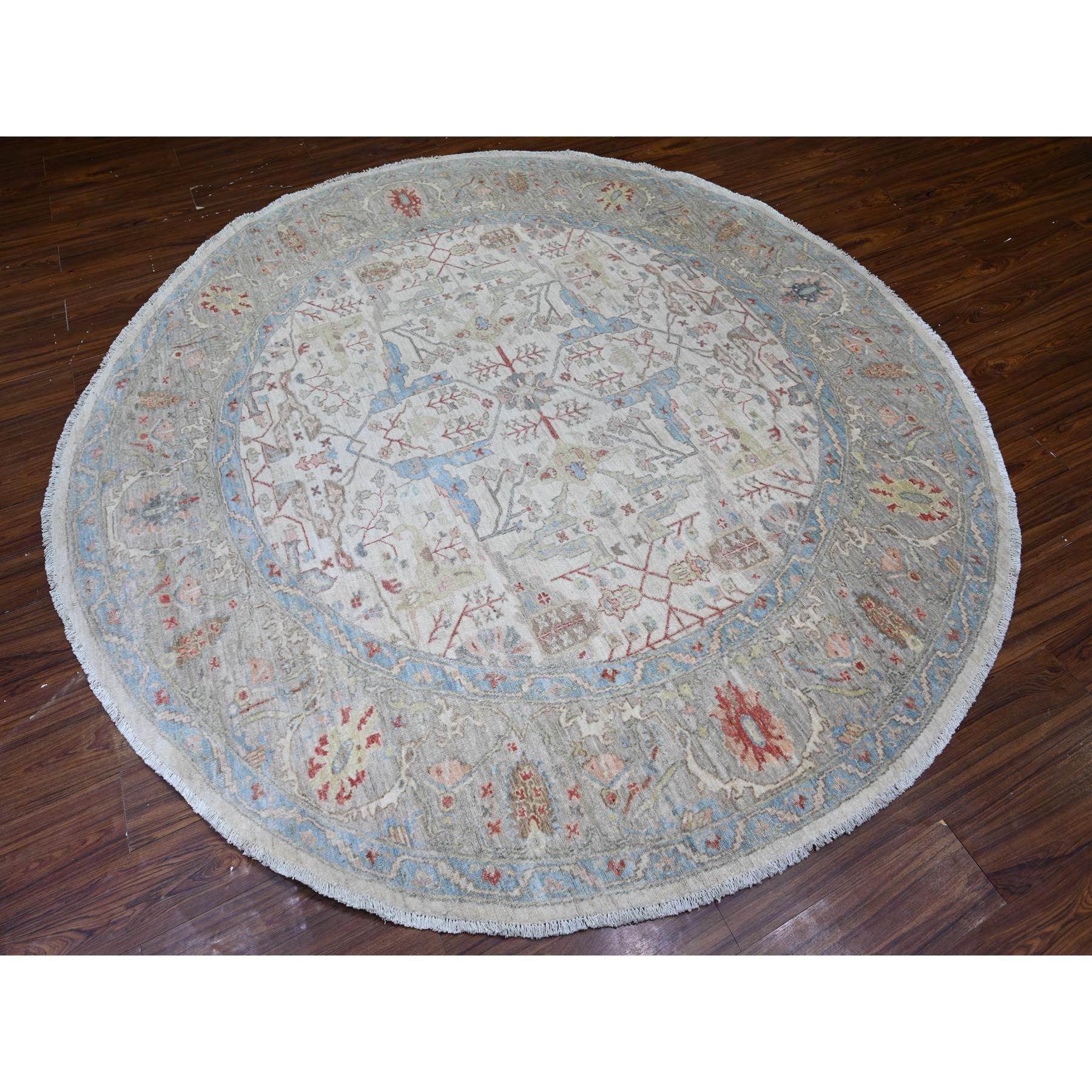 8'x8' Weißer handgeknüpfter runder orientalischer Ziegler Mahal-Teppich aus reiner Wolle (Mittelalterlich) im Angebot