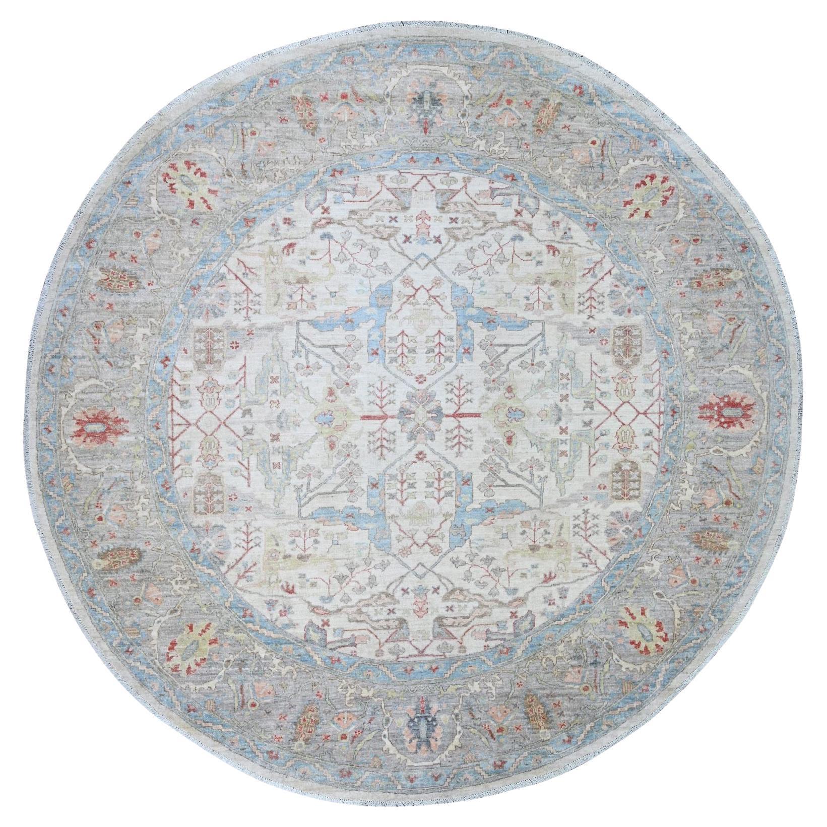 8'x8' White Ziegler Mahal Hand Knotted Pure Wool Round Oriental Rug