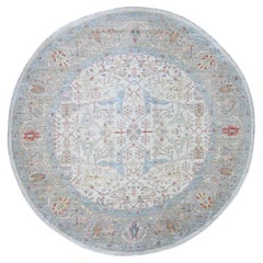 8'x8' White Ziegler Mahal Hand Knotted Pure Wool Round Oriental Rug