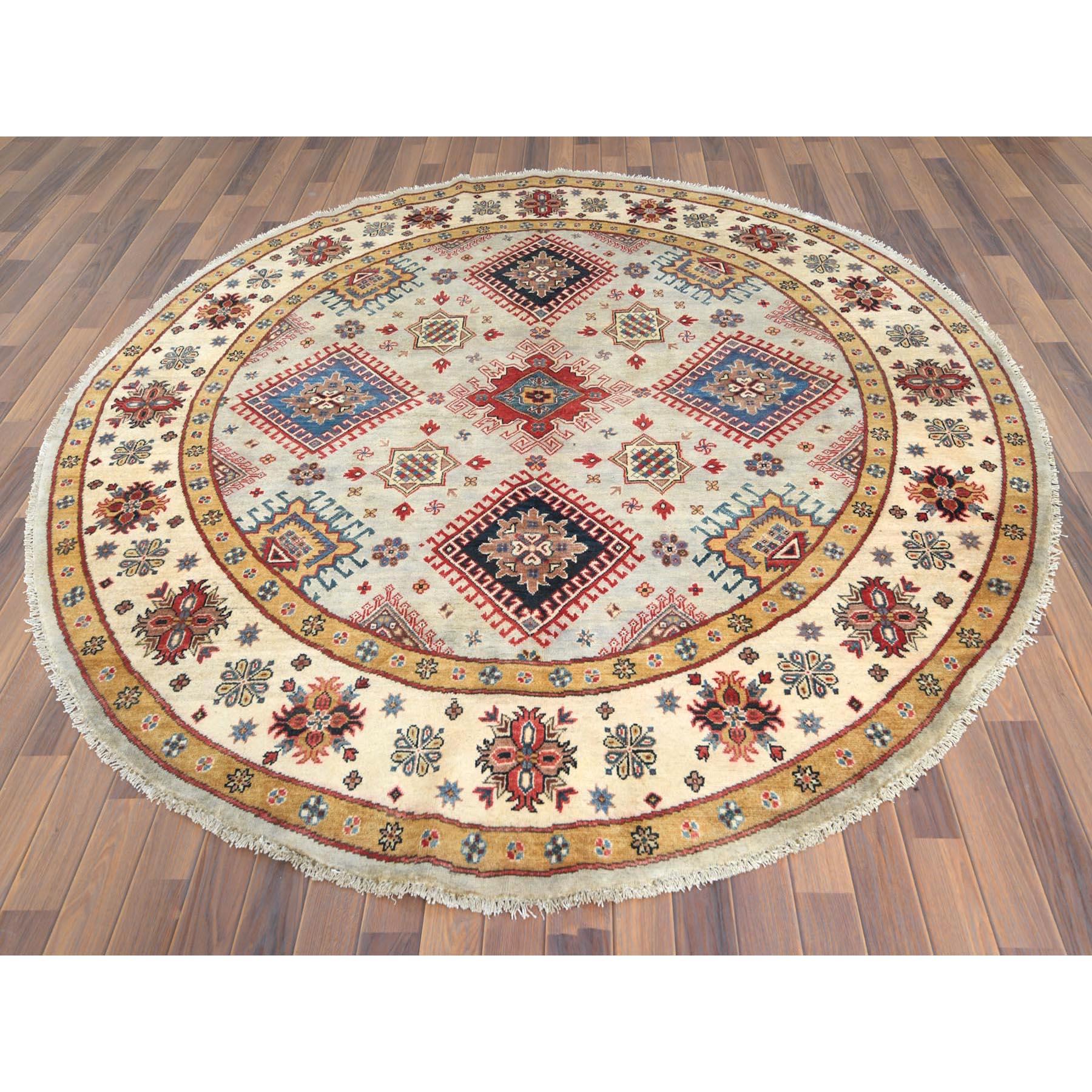 Kazako 8'x8' Lana, Annodato a mano, Avorio, Afghano Speciale Kazak, Tappeto rotondo in vendita