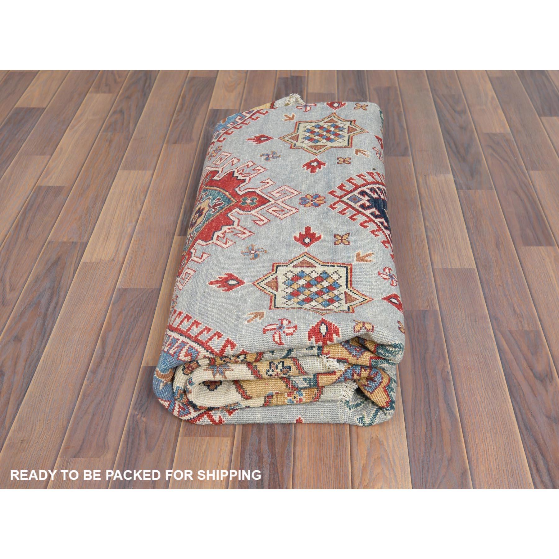 8'x8' Lana, Annodato a mano, Avorio, Afghano Speciale Kazak, Tappeto rotondo in vendita 3